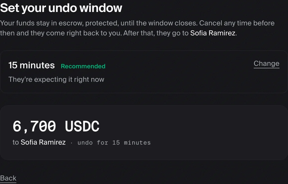 The Coinbax Send undo-window step: 6,700 USDC to Sofia Ramirez with a recommended 15-minute undo window.